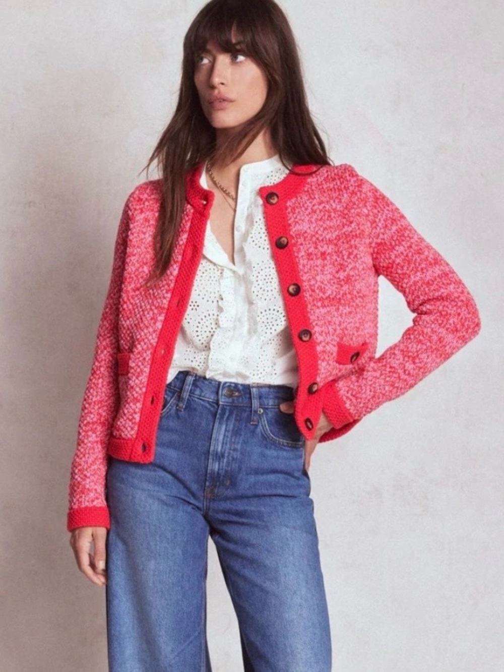 Boden Red & Pink Marled Button-Front Cardigan Jacket Size 14 - Picture 3 of 10